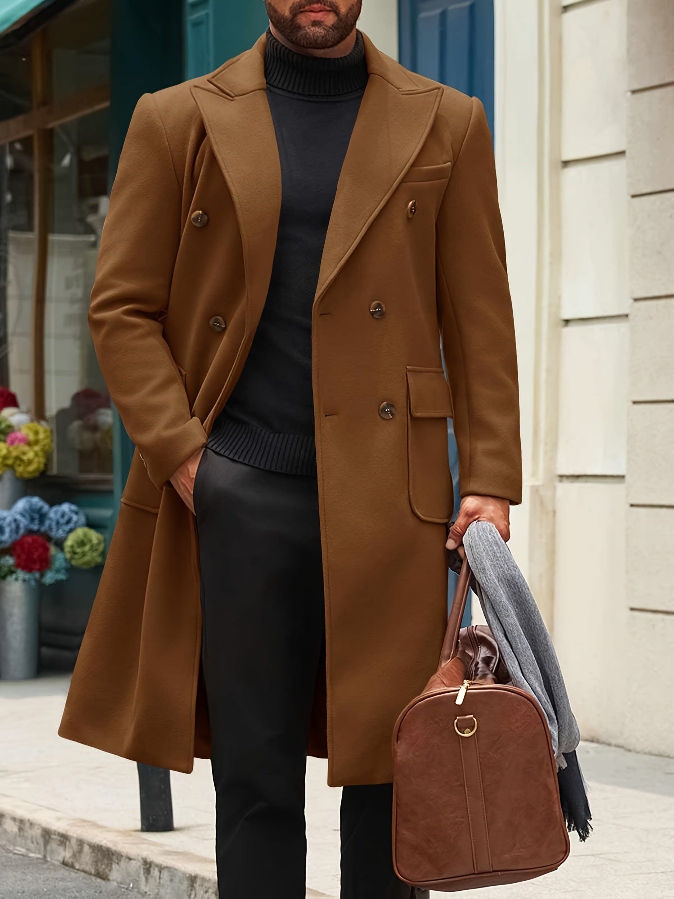 Men's Classic Double Breasted Trench Coat With Notched Lapel And Warm Polyester Lining For Winter