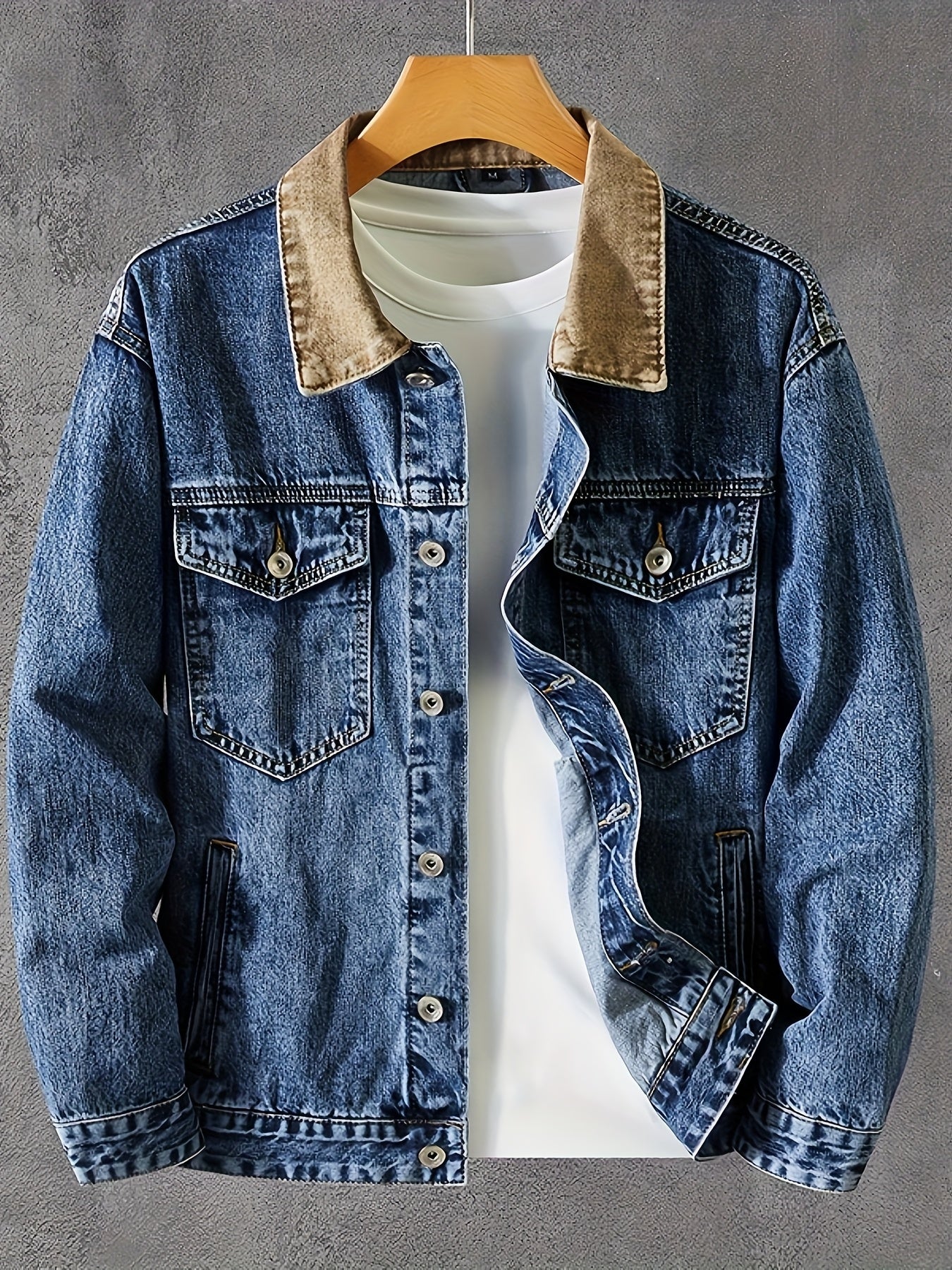 Men's Vintage Distressed Denim Jacket With Multi Pocket Design Deconstructed Collar And Single Breasted Button Front