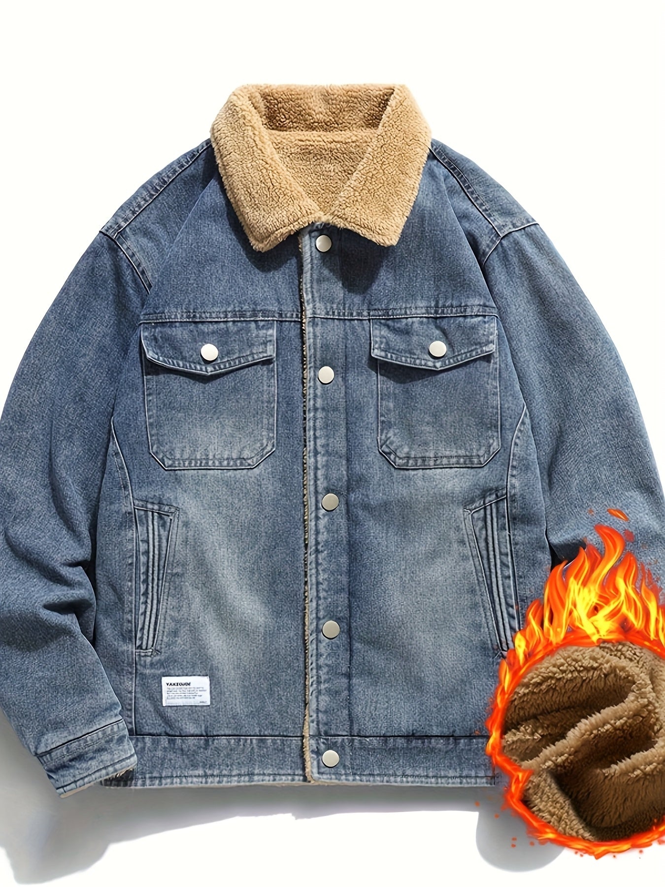 Mens Fleece Lined Faux Denim Jacket Warm Winter Coat With Classic Collar Button Closure