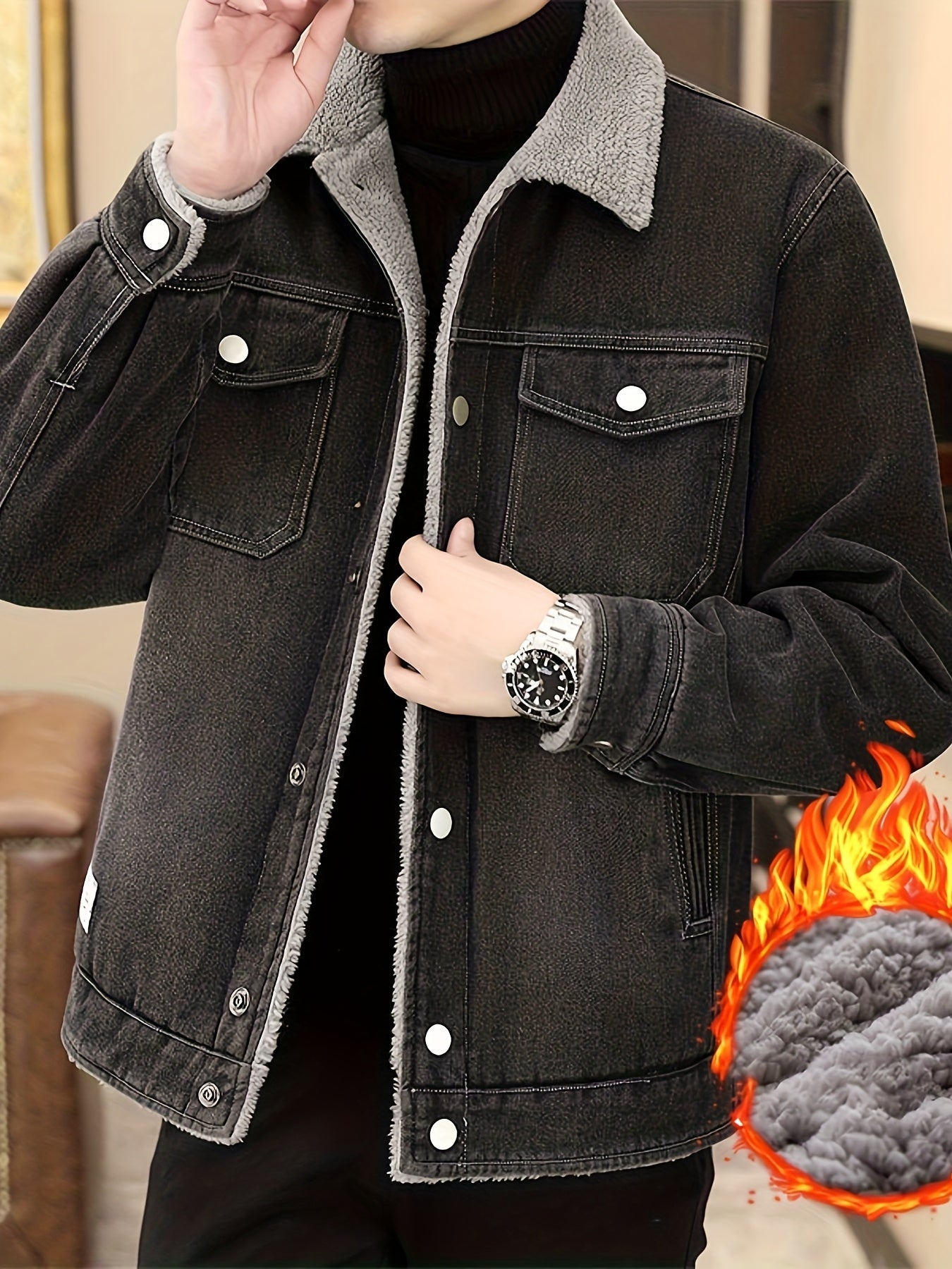 Mens Fleece Lined Faux Denim Jacket Warm Winter Coat With Classic Collar Button Closure