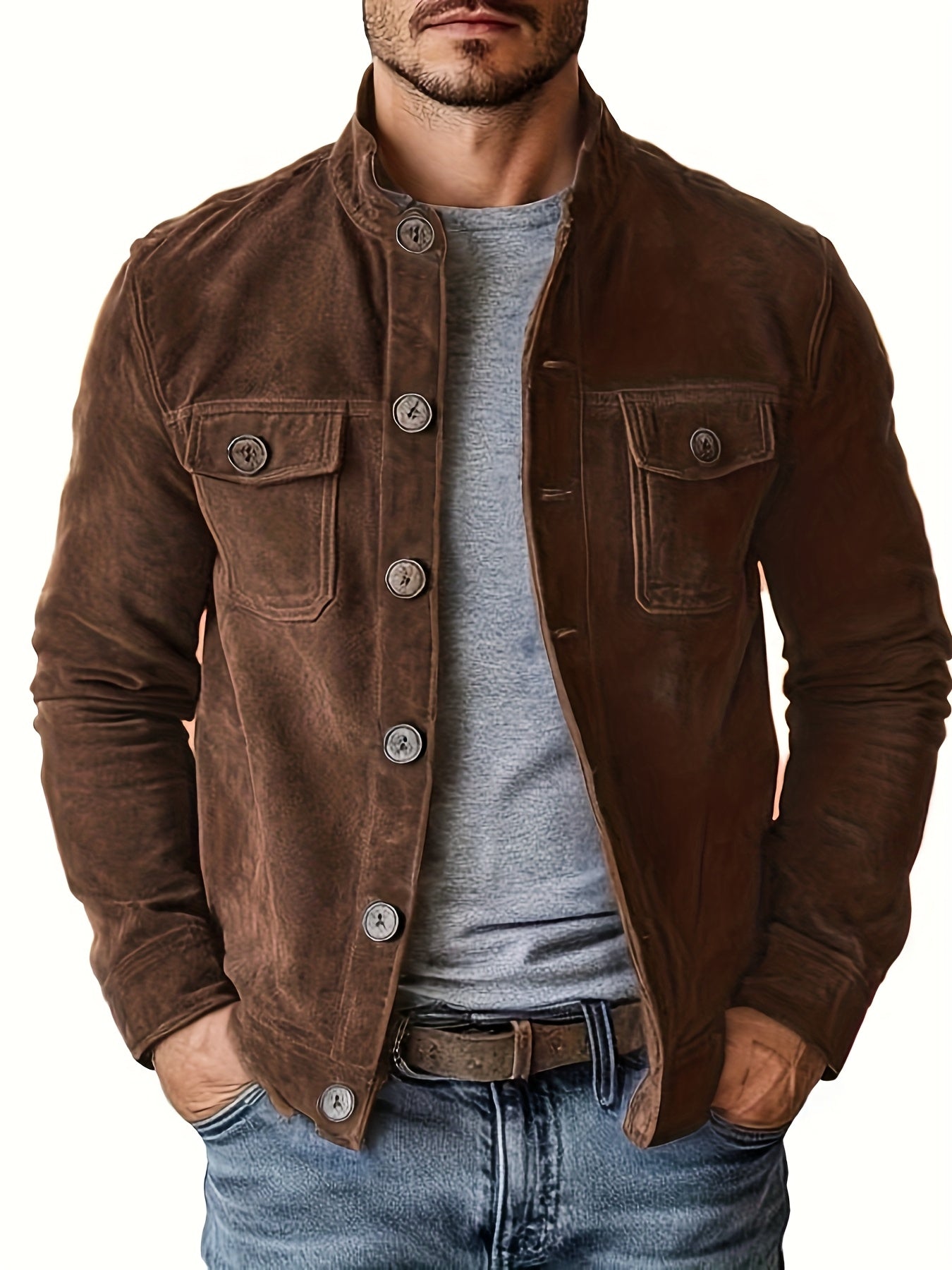 Mens Suede Jacket With Stand Collar And Retro Buttons For Business Casual And Everyday Wear